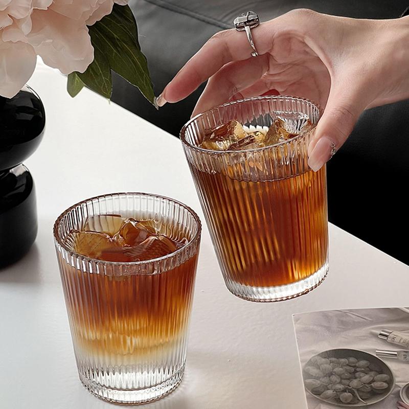 2pcs Set 240ml Wine Glass Household Drinkware American Coffee Cup Lemon Tea Glass Vertical Stripe Cup Travel Coffee Mug Party