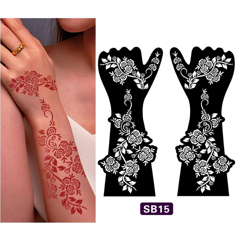

1Pair Black Hand Henna Tattoo Stencils Temporary Body Painting Flowers Design Transfer for Women Hand Tattoo Templates