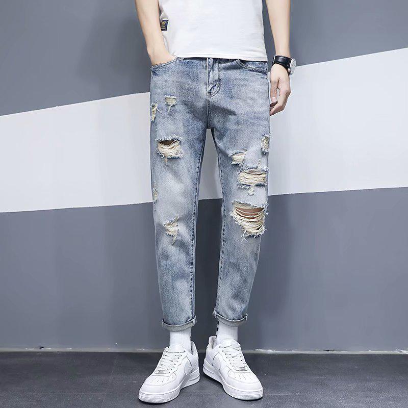 

Мужские рваные узкие джинсы в стиле хип-хоп 2023 года — чистый хлопок, летняя универсальная мода. 33 светло-синий