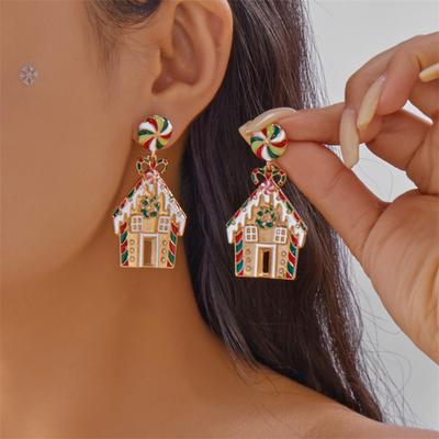 Creative Christmas Colorful Enamel Candy House Shaped Drop Earrings Trendy Crutch Dangle Earring For Women Men Holiday Jewelry