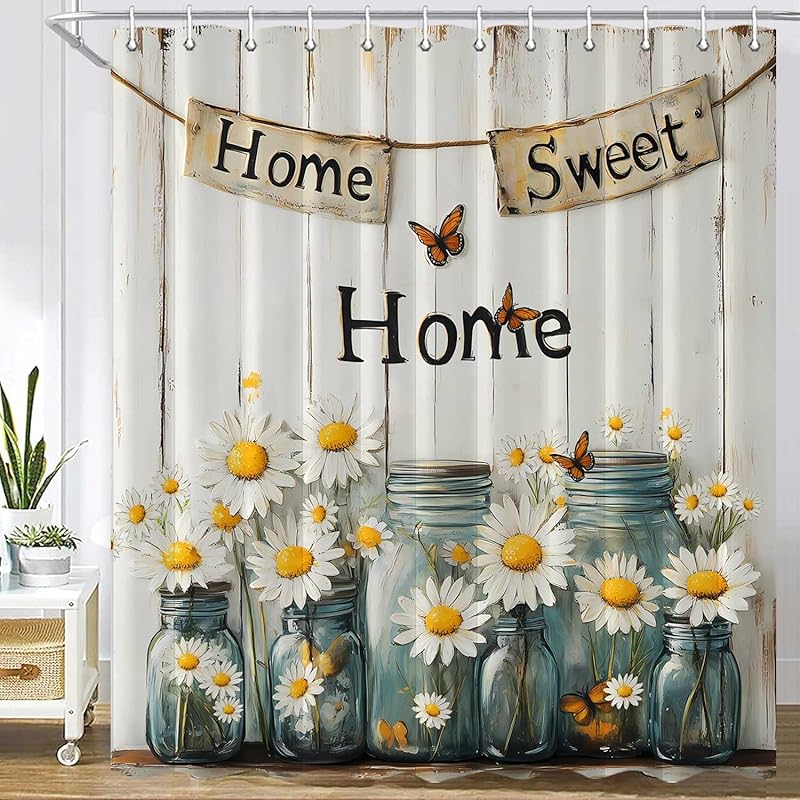MERCHR Buffalo Check Plaid Shower Curtain 72 x 72 Inch, Farmhouse Wooden Board Shower Curtain, Rustic Flower Home Sweet Home Bath Curtain Polyester