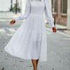 Women O Neck Puff Sleeve Solid Color High Waist Temperament Midi Swing Dress