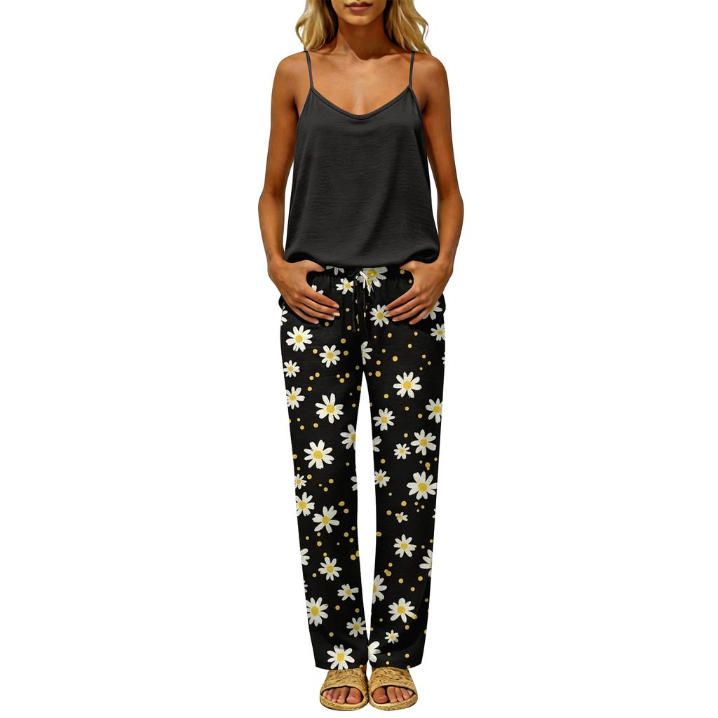 Women Sleeveless Pullover Casual Top with Back Cutout Loose Fit and Elastic Waist Floral Print Pants Two Piece Lounge Set