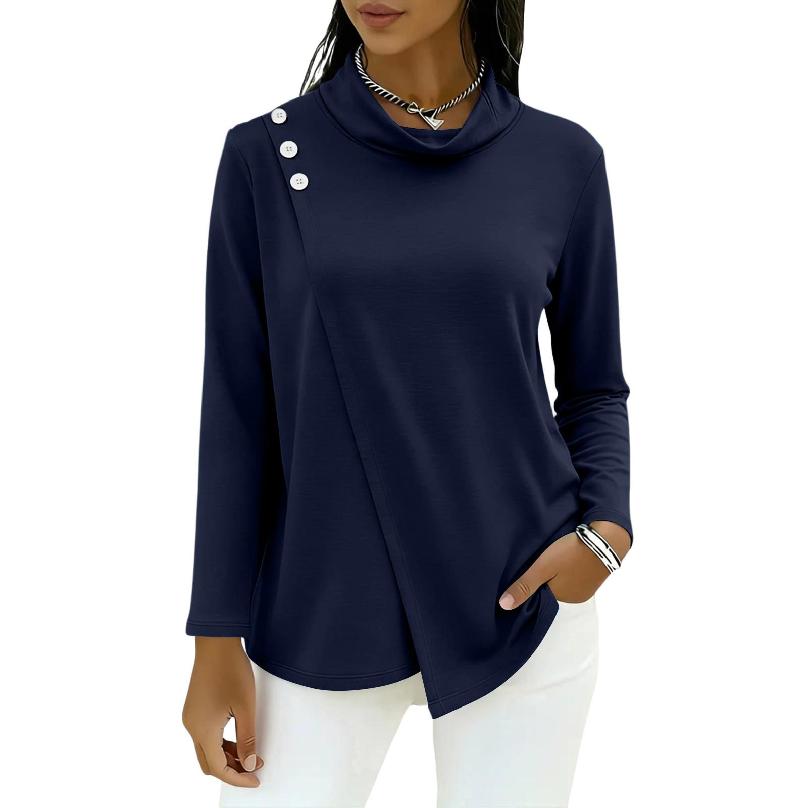 

Women s Fashion Asymmetrical Half,High Neck Long,Sleeve T,Shirt Color Top XXL Темно-синій