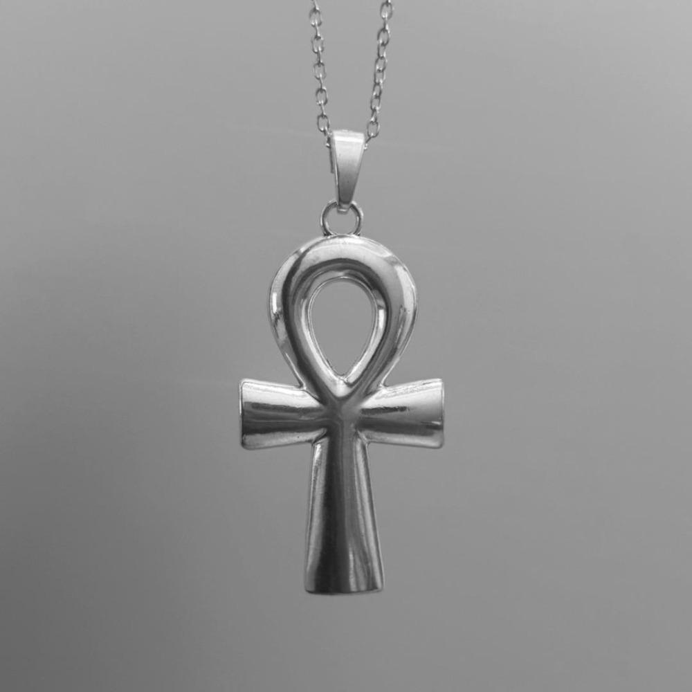Retro Sliver Color Ancient Egyptian Symbol of Life Ankh Cross 80x42mm Large Pendant Necklace for Women Men Halloween Jewelry