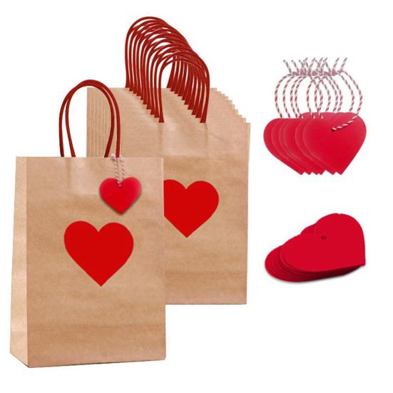 Krafts Paper Bags Red Heart Design Eco-Friendly Gift Bags with Heart Tags And Hemp Rope Gift Packaging for Weddings Birthdays Mother's Day Party