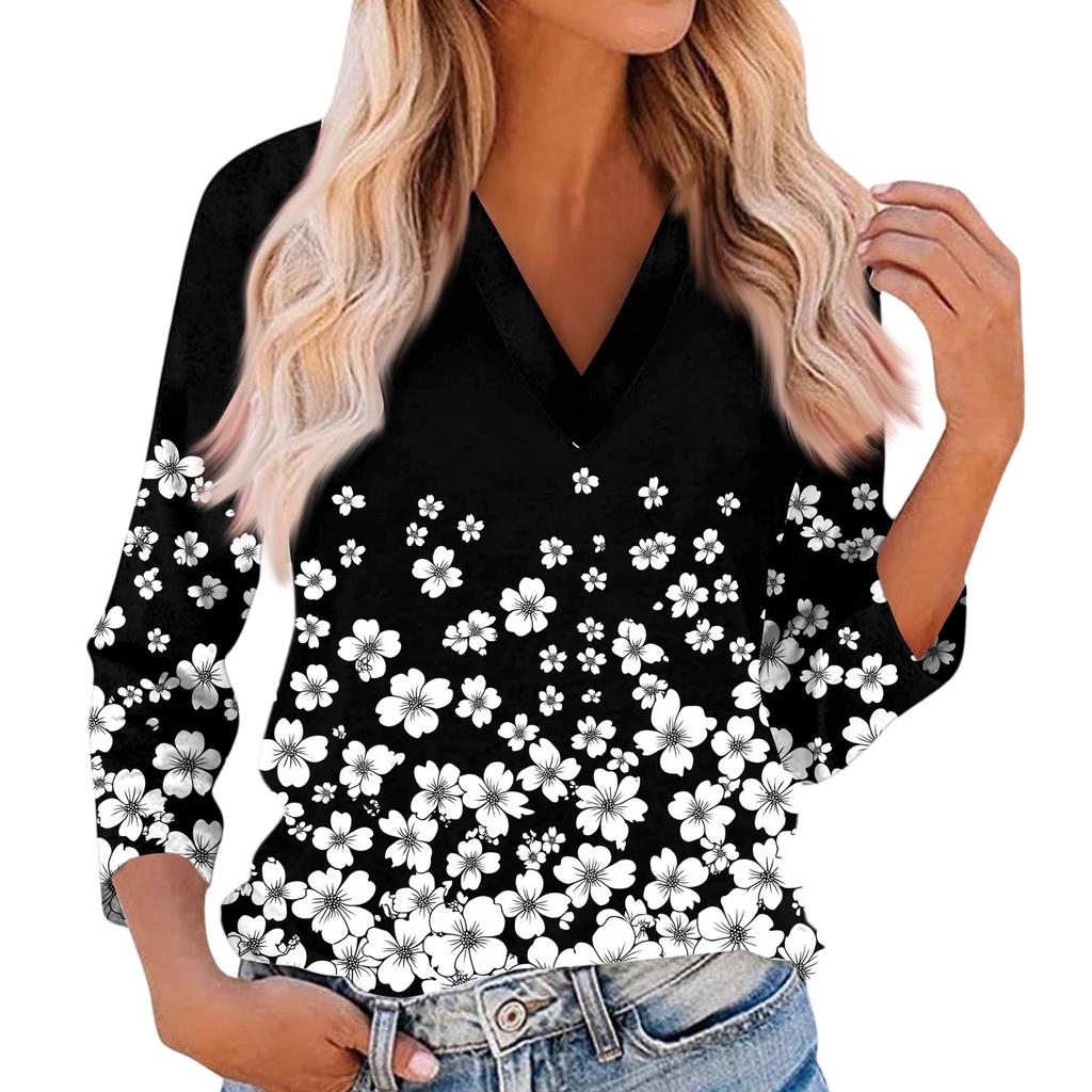 Women's Casual And Fashionable Flower Printing V-Neck Top With Seven Quarter Sleeves