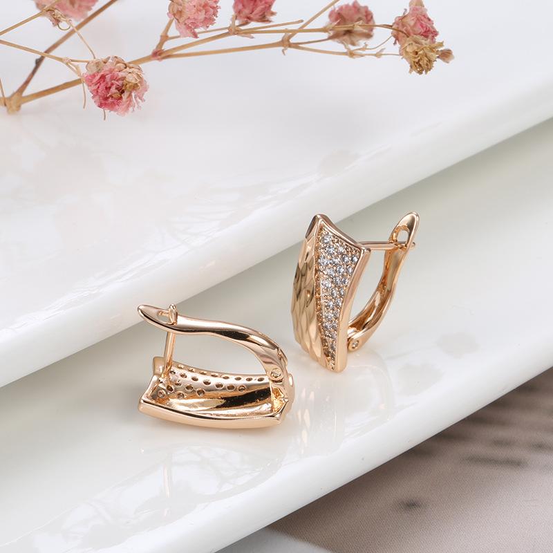 Hot Smooth Square Pattered Earrings For Women 585 Rose Gold Natural Zircon Stud Earrings Ethnic Bride Wedding Jewelry