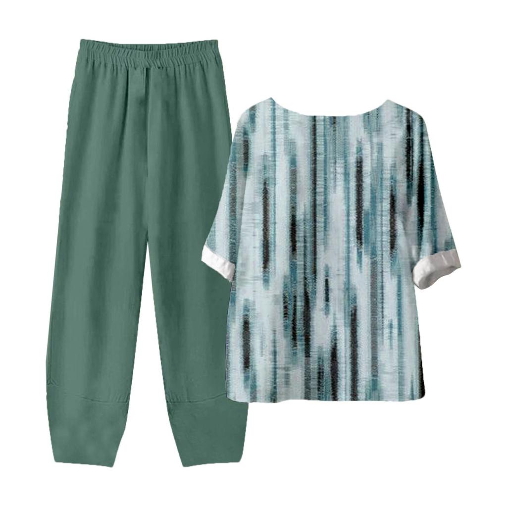 Damskie letnie półrękawowe bluzki z nadrukiem w pasie Dziewięcioczęściowe spodnie Dwuczęściowy zestaw