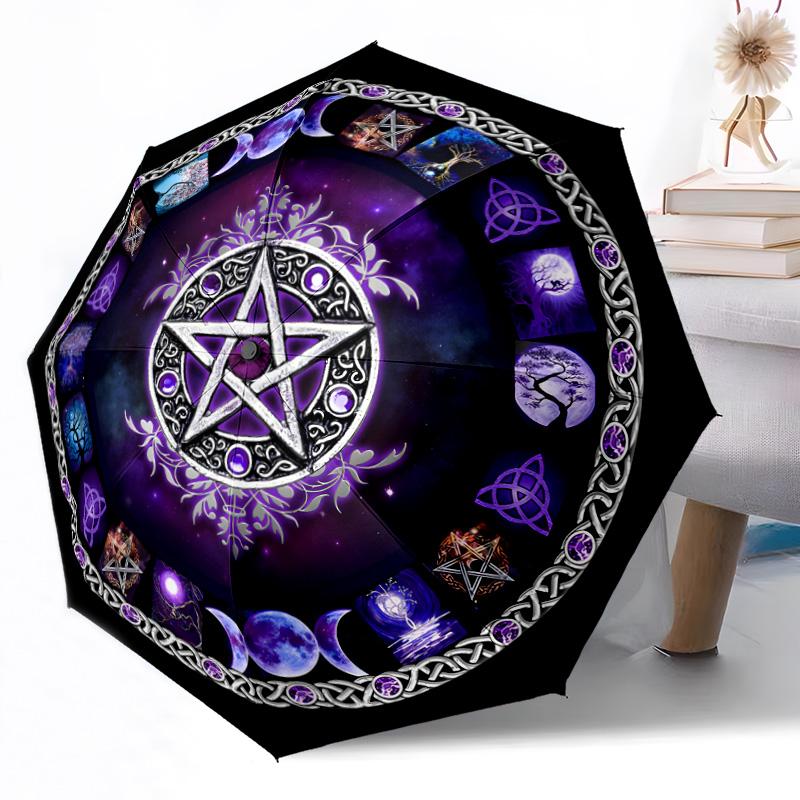 Pentagram and Moon Phases Mandala Outdoor Automatic Umbrella Retractable Design with 8-Rib Durability Lightweight Perfect Gift for Friends Family