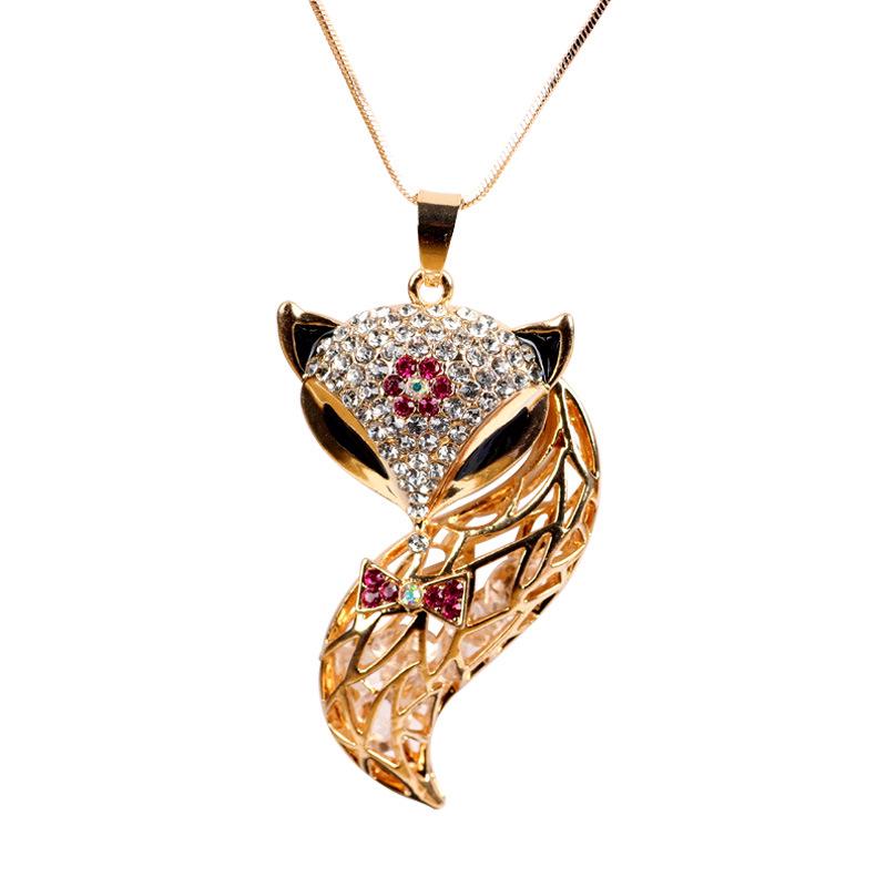 Fox Sweater Chain Long Necklace: Korean Style, Simple Hollow Design with Diamond Inlays - Women's Fashion Accessory.
