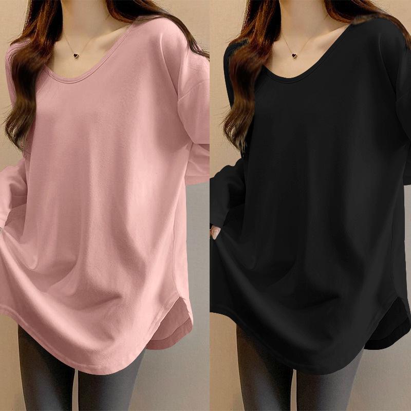 Chemise mi-longue à manches longues pour femme, style coréen, coupe ample - Ourlet incurvé, polyvalente pour l'automne et le printemps