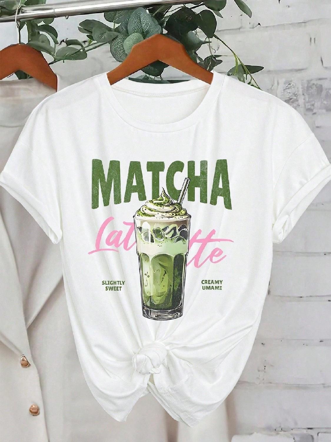 Women s Matcha Lover Letter & Drink Print Round Neck Short Sleeve T-Shirt S
