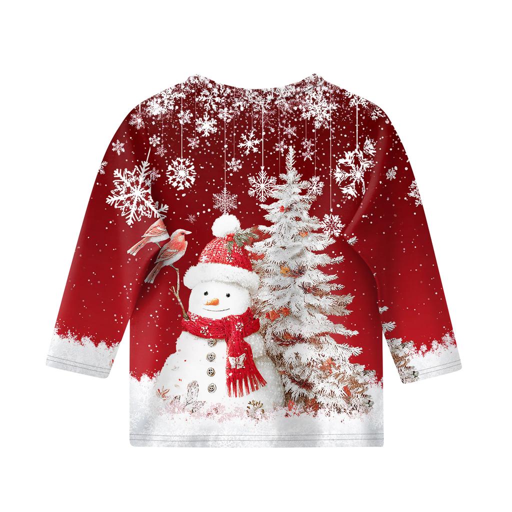 Christmas Day Print Tops For Youth Girls 4-11 Years Round Neck 3/4 Sleeves T-Shirts Trendy Tops Outfit Tees