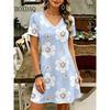 New Casual Flowers Printing Short Sleeve Dress Women's Fashion Plus Size Summer Retro Women's V-Neck Loose Dress