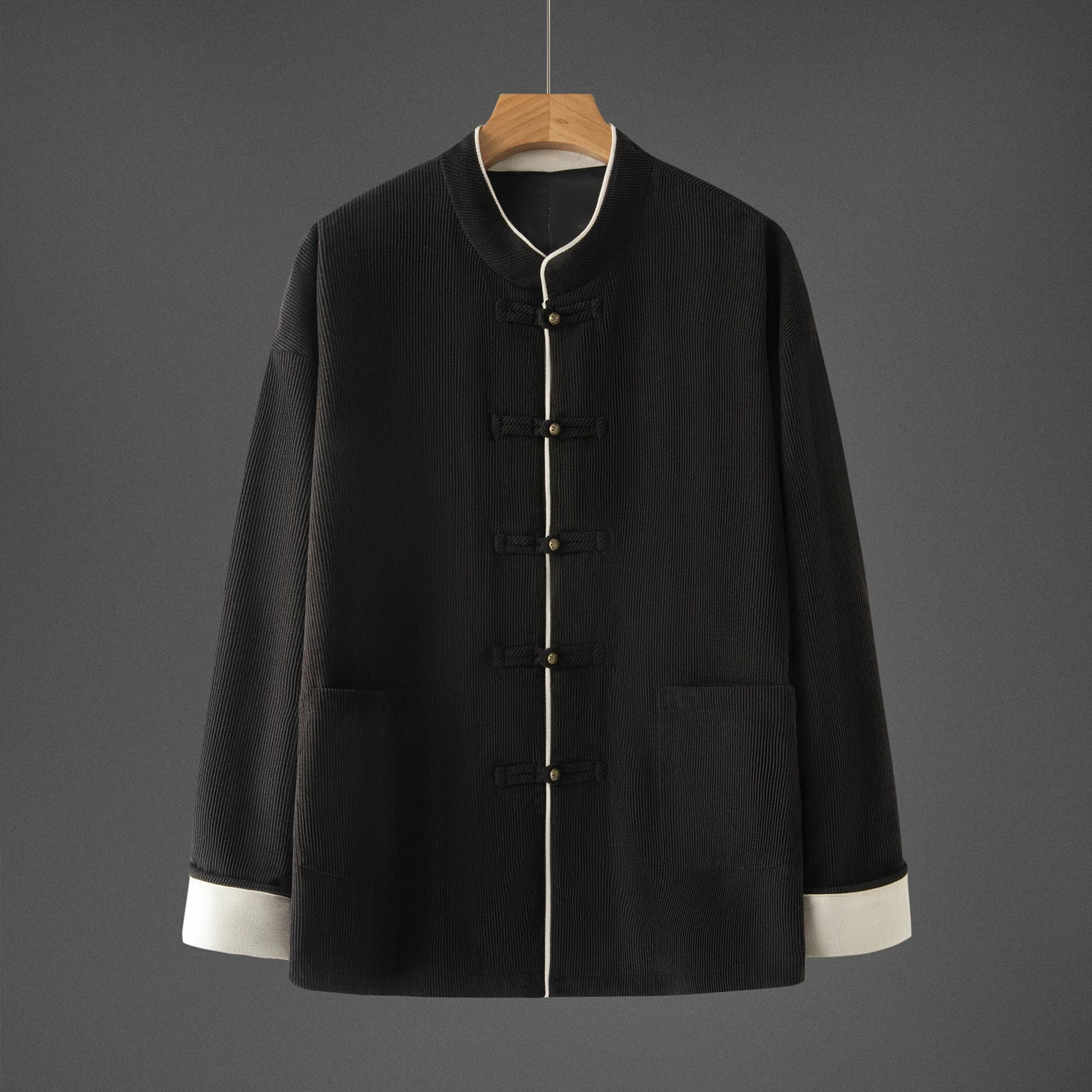 

Мужская традиционная китайская винтажная куртка Мужской костюм ханьфу Тан Осенняя мужская вельветовая куртка Мужская куртка на пуговицах Куртка для кунг-фу XXL чёрный