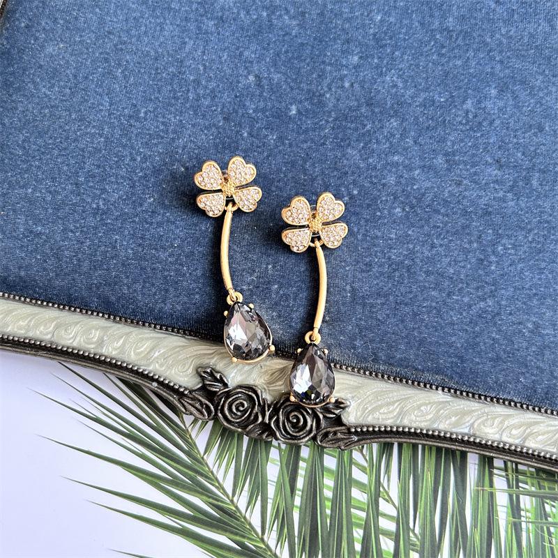 Osc Retro Gold Curved Hook Four-Leaf Clover & Teardrop Green Diamond Dangle Earrings for Women