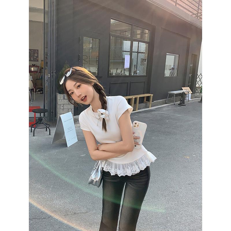 Ballet Lace Round Neck Short-sleeved T-shirt for Women, Xia Chun Wants To Fold Inside and Wear a Bottomed Shirt Top