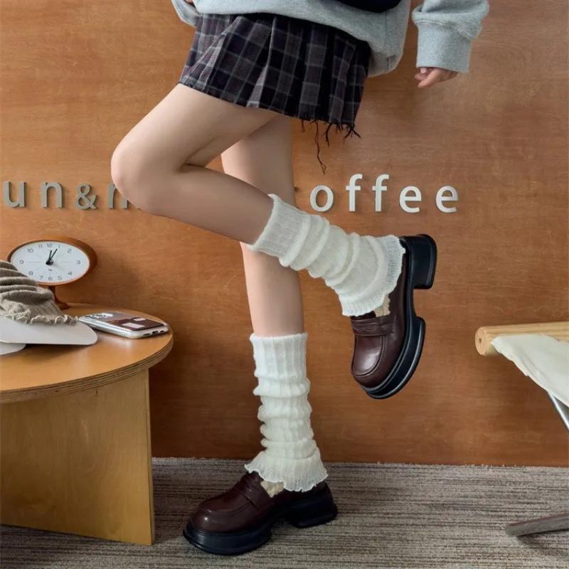 Leg Warmers Women Autumn and Winter Knitted Foot Cover Black White Long Socks JK Japanese Fashion Lolita Sweet Girls Leg Warmers
