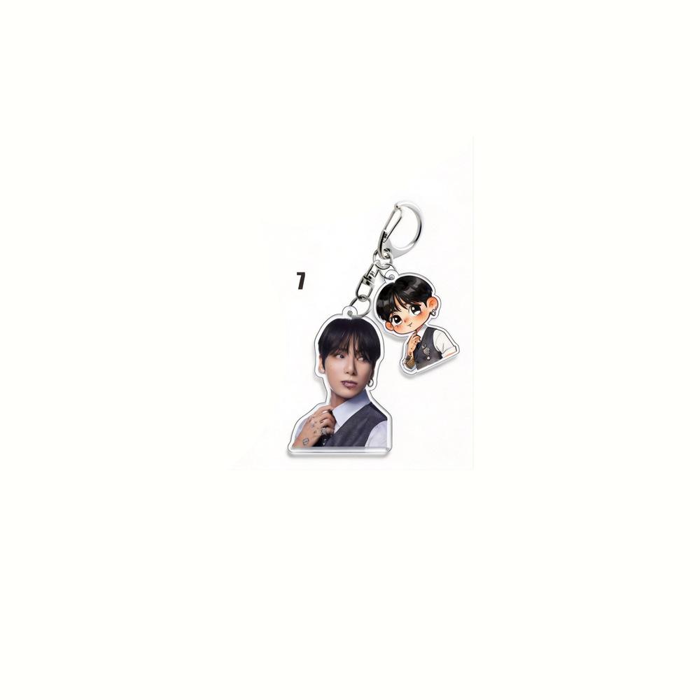 BTS Double Charm Keychain, Real Photo & Cartoon Suit Figure Keyring, Kpop ARMY Fans Bag Charm