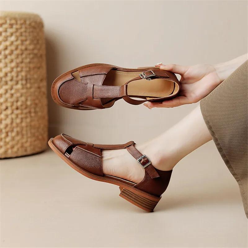 Fashion 2025 Summer Sandals Cowhide Round Toe Women Sandals Chunky Heel Women Shoes Cover Toe Shoes for Women Hollow Out Mary Jane Shoes