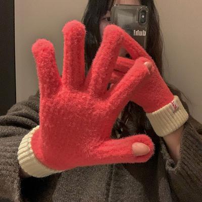 Couleur gants chauds en laine pour femmes automne et hiver nouveau tricoté hiver équitation cinq doigts froid couleur unie