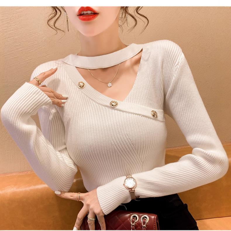 

Bottom shirt women s autumn and winter high-end sense new foreign style fashionable slim-fitting v-neck neck knitted bottom sweater women one size fits all білий
