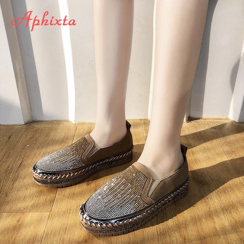 Fashion Aphixta Luxury Crystals Flats Women Slip On Red Pink Khaki Women Sexy Platform Casual Women Shoes Flats Female Rhinestone Loafer
