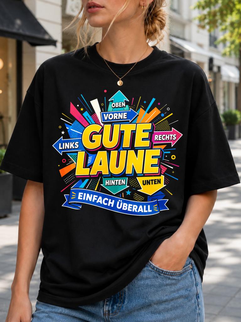 Gute Laune Einfach Uberall Geometric Arrow Graphic With Blue Ribbon Yellow Letters Dots And Bright Unisex All TShirt
