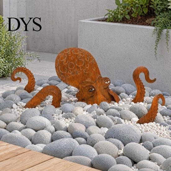 Octopus Garden Ornament Rust Patina Giant Squid Sculpture, 3D Metal Nautical Outdoor Marine Themed Decor Statue for Patio Lawn Beach House Decor,