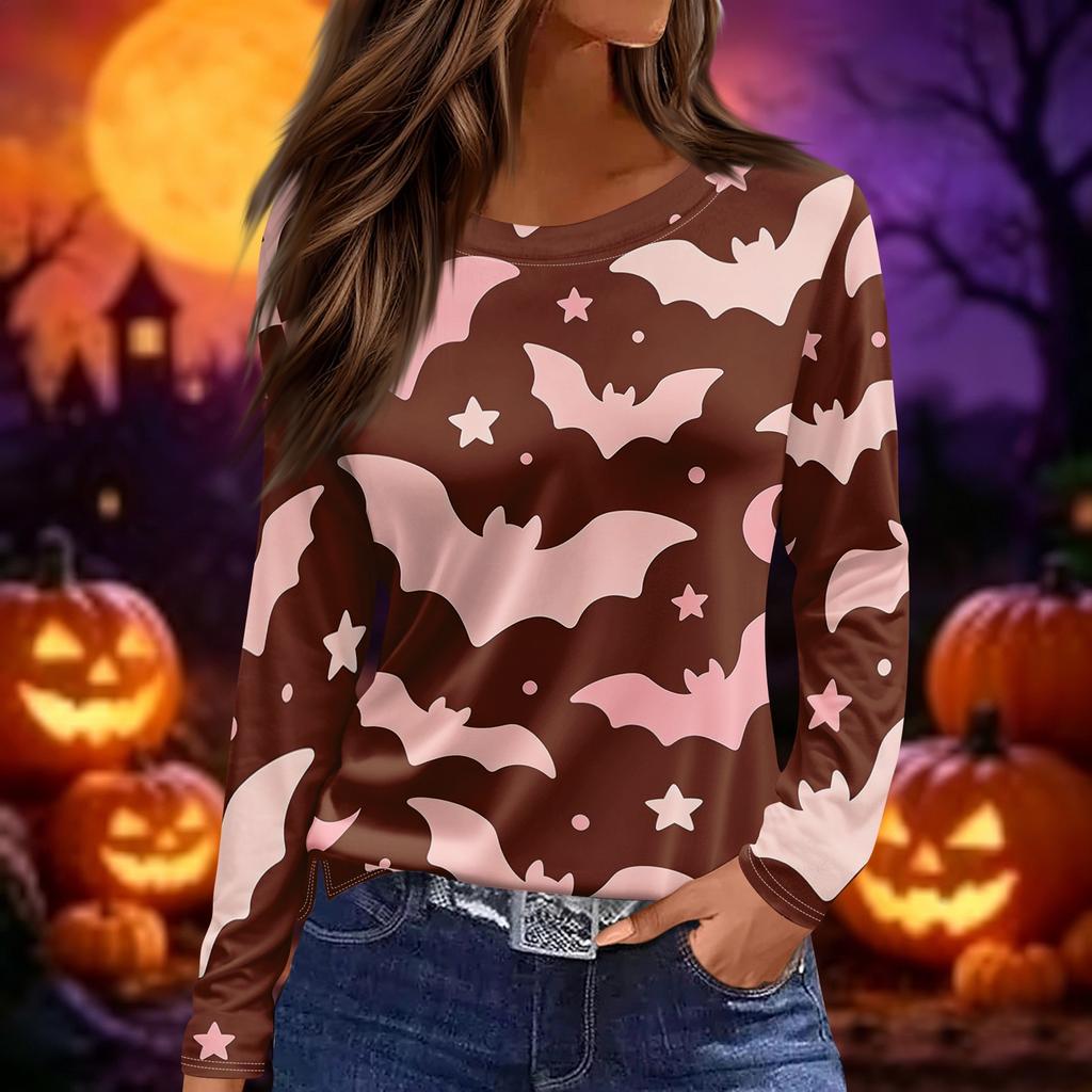 Women's Fashion Long Sleeve Top Crew Neck Halloween Print Split Hem Casual Shirt Lightweight Comfortable Fit