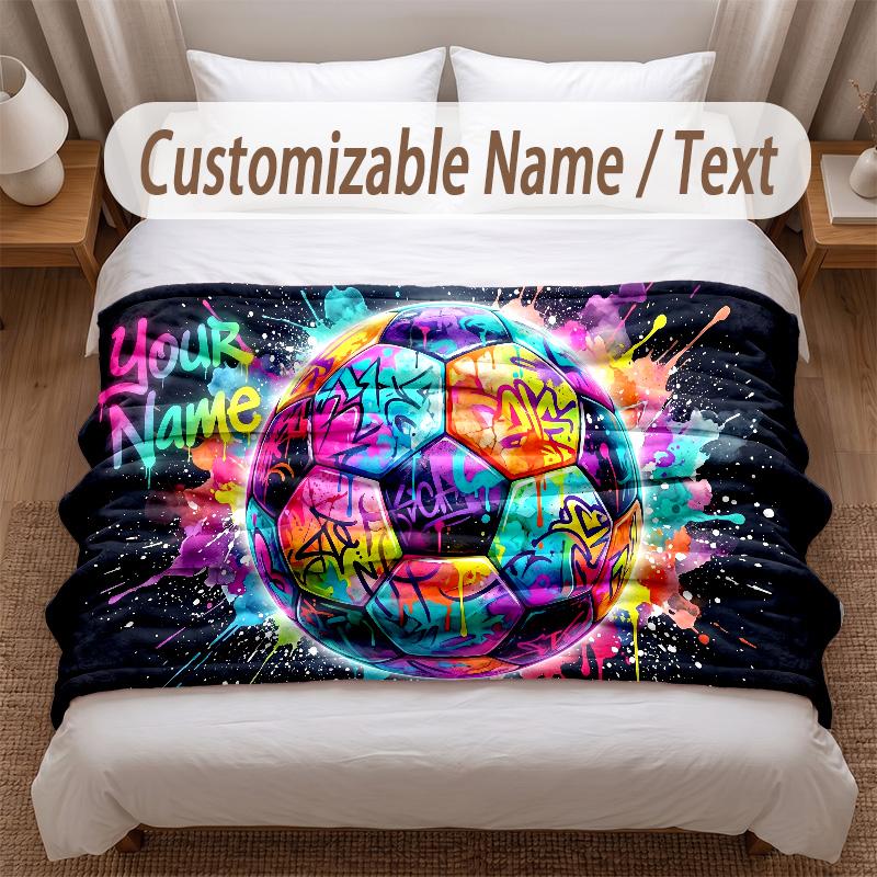 Soccer Theme Soft Blanket Personalized Custom Name Text Print Warm Blanket Home Sofa Bedroom Decor