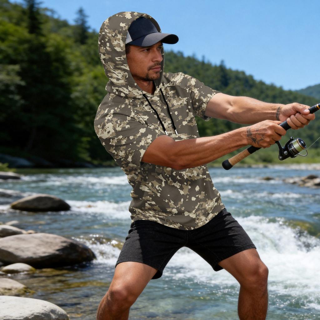 Men's 50+ Sun Short Sleeve Hoodie Fishing Shirt with Camouflage Print, Lightweight Outdoor Tee