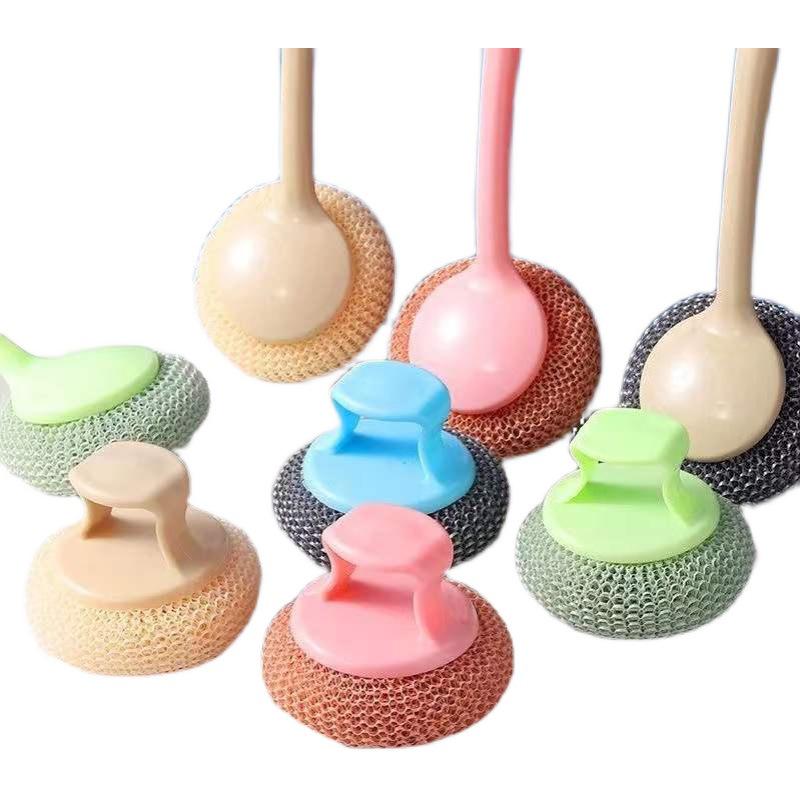 Steel Wool Pot Cleaning Brush with Handle - Long Handled Household Brush for Decontamination & Dishwashing