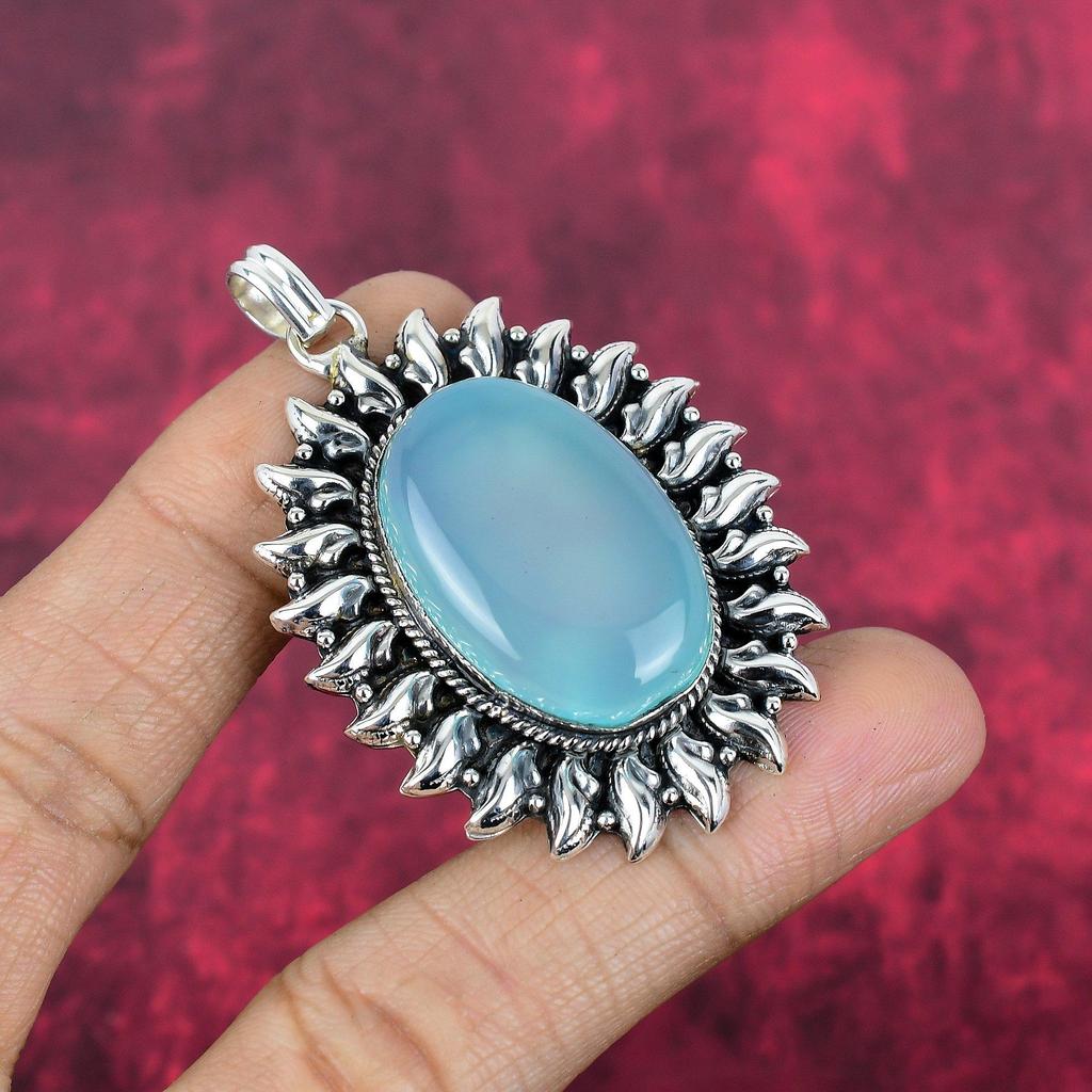 Blue Chalcedony 925 Solid Sterling Silver Pendant, Handmade Gemstone Pendant Jewelry, Gifts For Wife Brand New Pendant