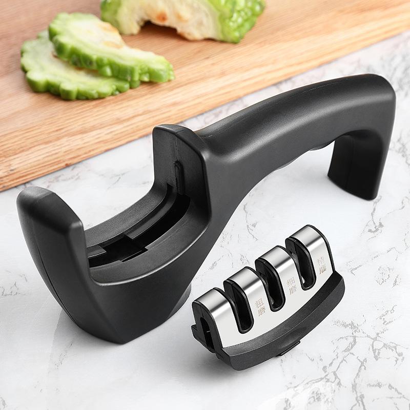 Afilador de cuchillos de 3 segmentos para cocina, multifuncional, de mano, piedra de afilar negra de tres usos