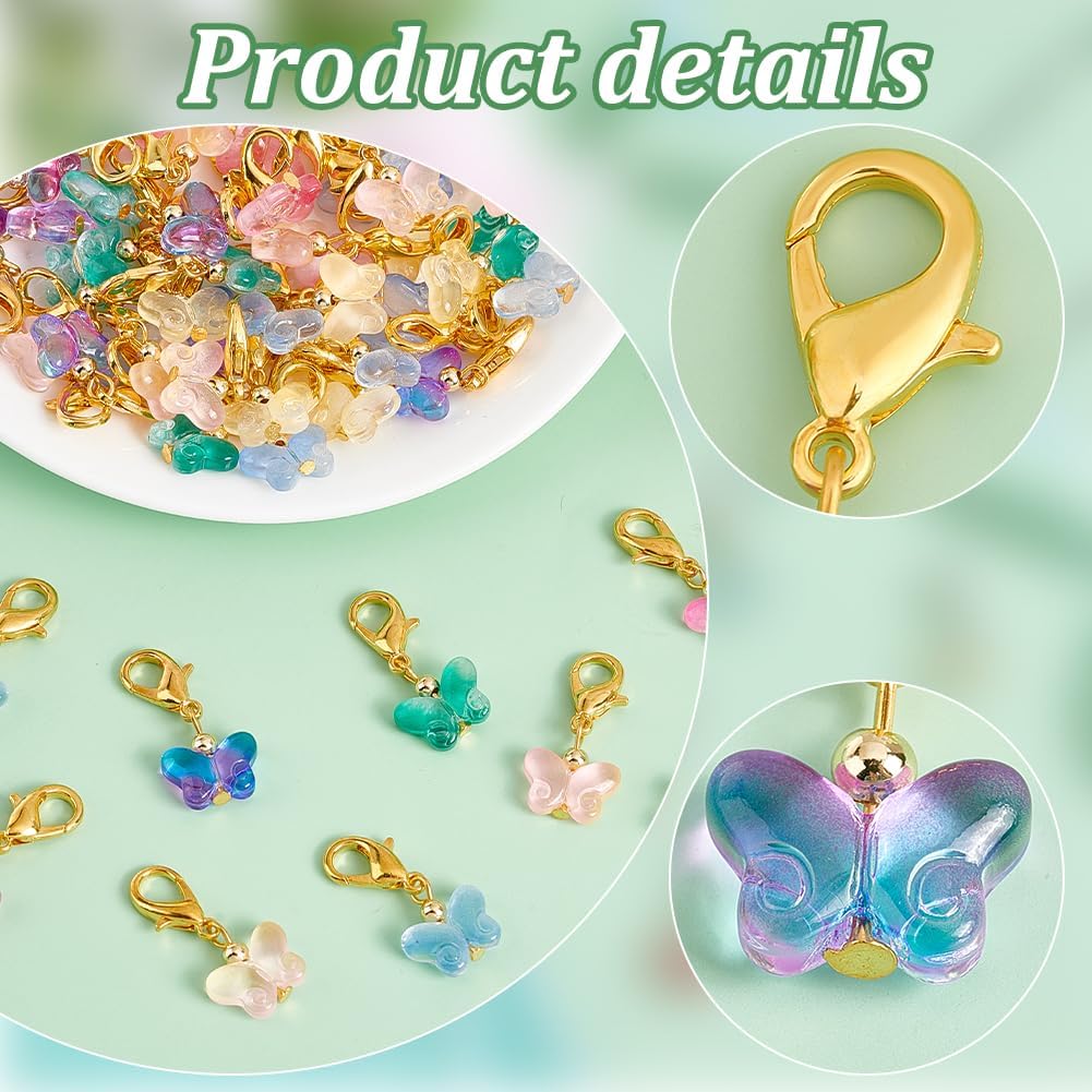 PH PandaHall 60Pcs Glass Butterfly Dangle Charms Crochet Stitch Marker 6 Colors Crystal Glass Charms Pendants With Lobster Claw Clasps For Necklace
