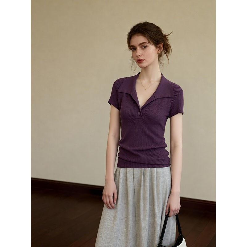 French Premium Purple Polo Neck Short Sleeve Knitted Sweater Women's Slim Lapel Top