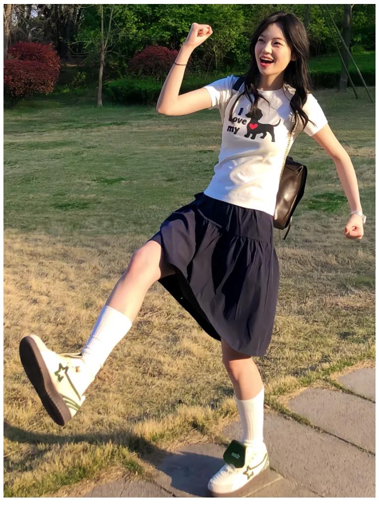 Navy Blue Japanese-Style A-Line Midi Skirt for Women - Summer 2025, High-Waisted, Casual Versatile College Style