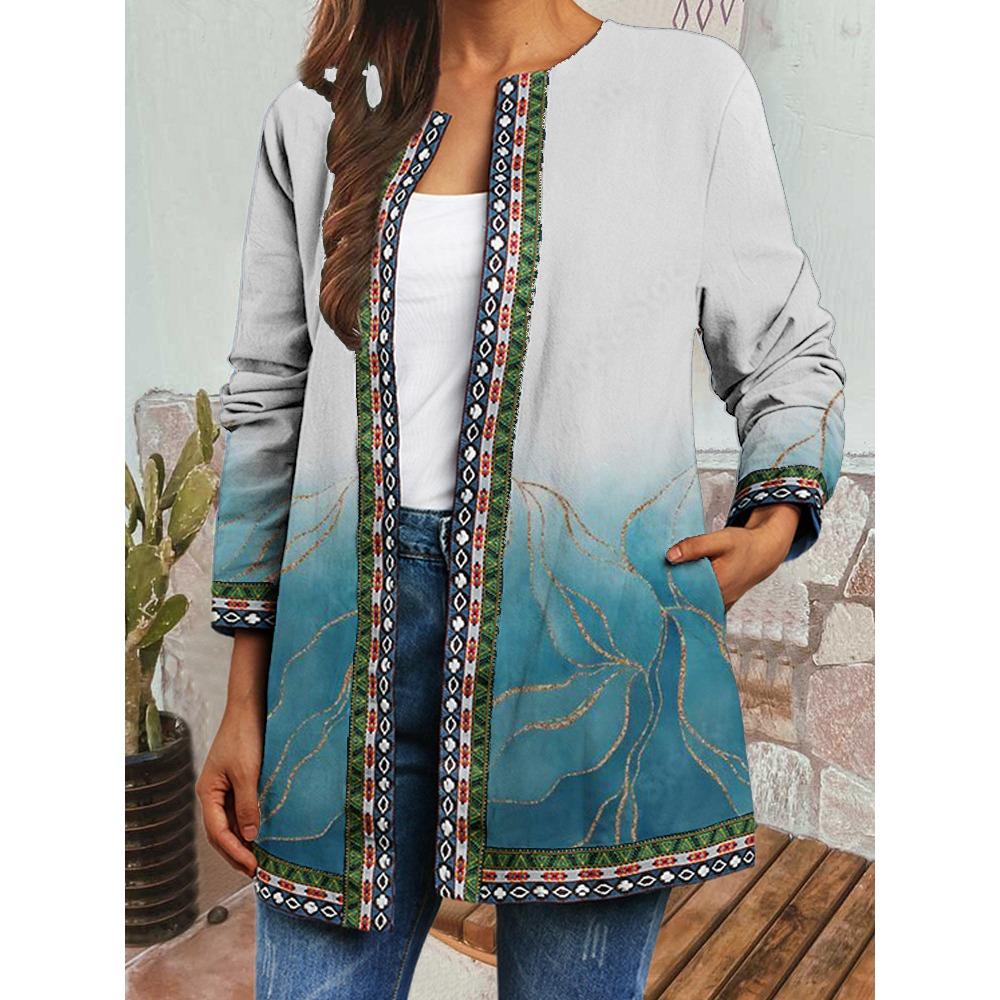 GMXIA Herbst Winter Vintage Ethnischer Stil Druck Übergröße Jacke Strickjacke Damenbekleidung