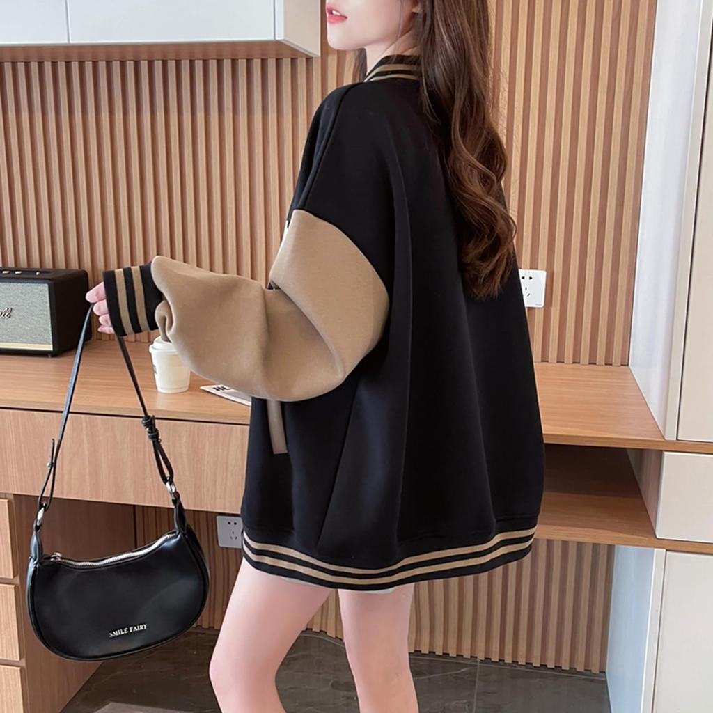 JIYUTOR Long Sleeve Stadium Thick Track Jacket with English Stylish Oversized Women's Jacket, Print, Sweatshirt, Fit, Fleece-Lined, Two-Tone Design,