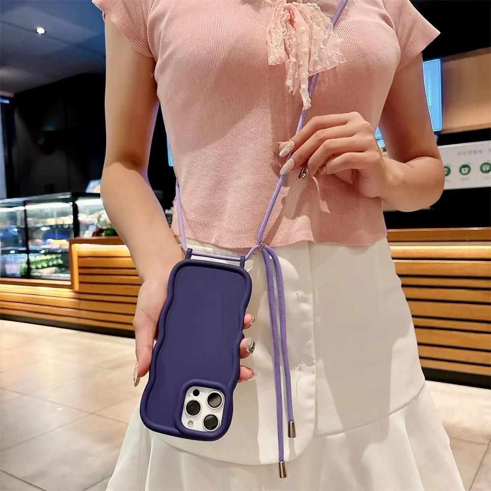 Crossbody Adjustable Lanyard Phone Case for IPhone 16 Pro Max 15 14 13 Wave Edge Necklace Strap Rope Soft Silicone Cover