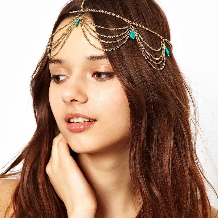 Fashionable Simulated Turquoise Decor Multi Layer Chain Design Headwear Women