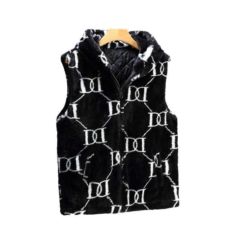 Chessboard plush vest trendy men's winter couple's cotton thickened sleeveless hooded jacket vest student vest