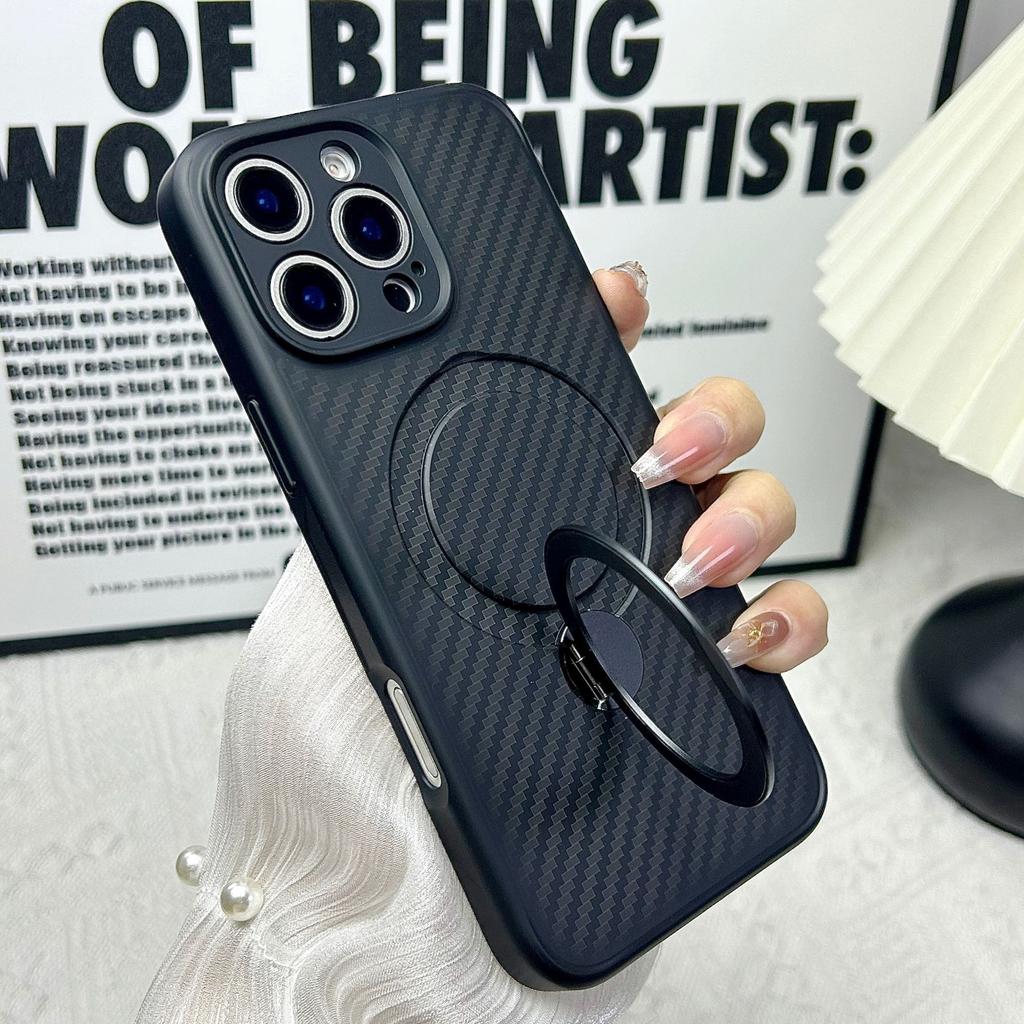 Carbon Fiber Style Case For iPhone 16 15 14 13 12 11 Pro Max Plus Strong Magnet 360° Rotation Invisible Metal Kickstand Cover