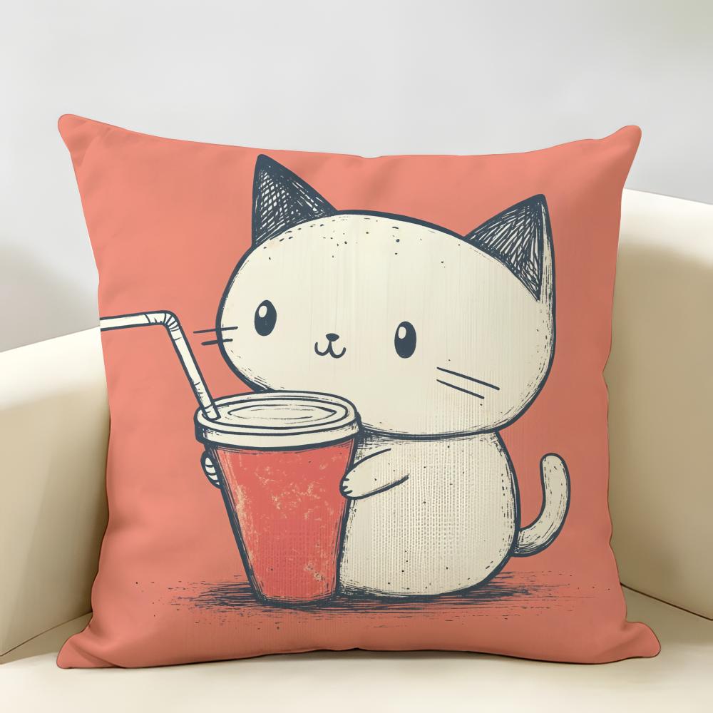 Cat Drink Coffee Cute Funny Cushion Cover Natural Linen Organic Fabric DoubleSided Printing Room Sofa Decor Pillow Case