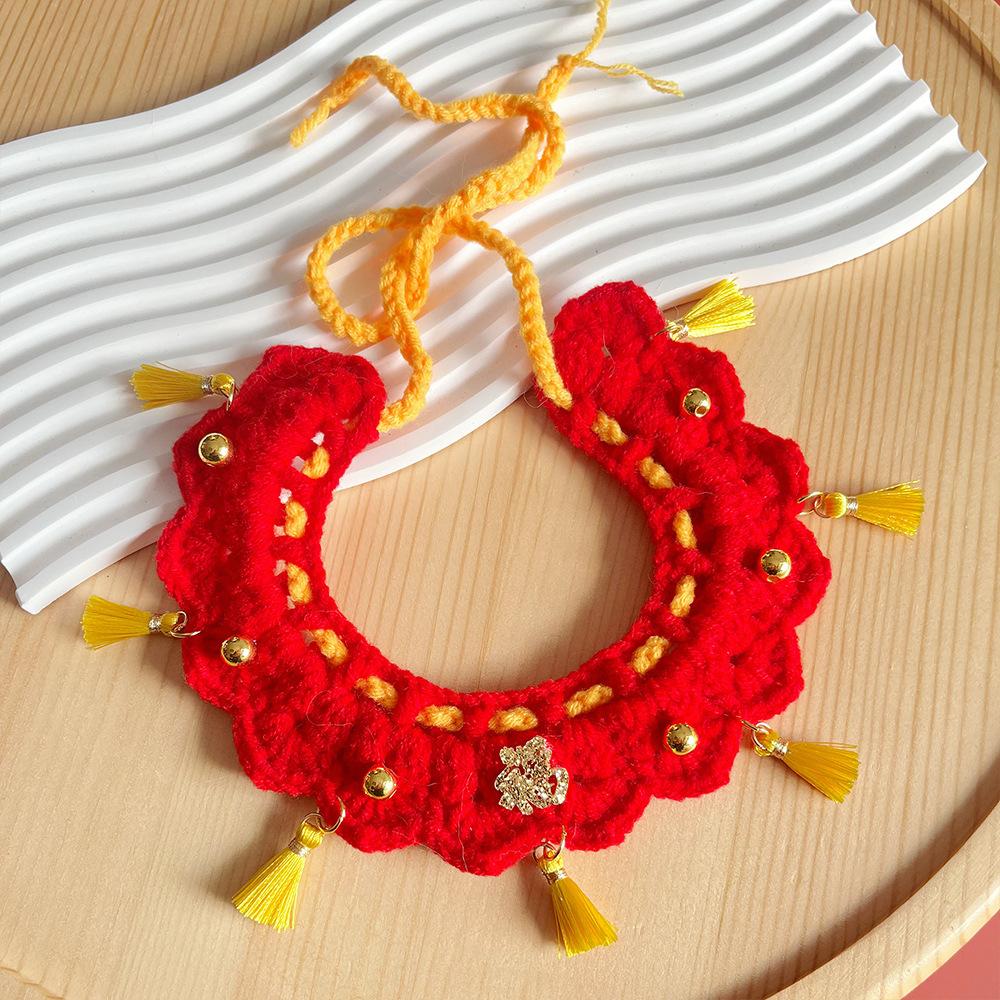 Hand Woven Cat Collars Adjustable Red New Year Dog Scarf Tassel Fortune Spring Festival Decoration Pet New Year Accessories