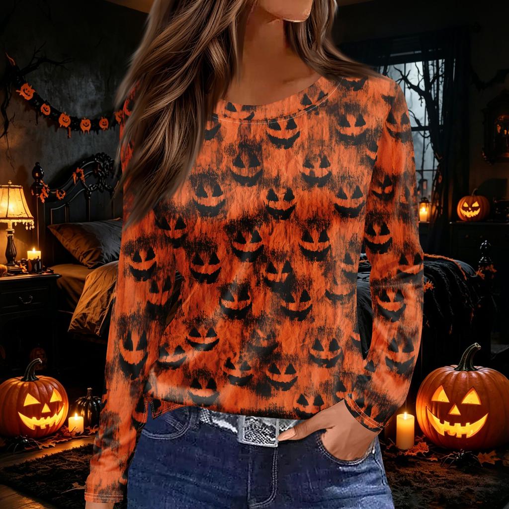 Women's Halloween Print Long Sleeve Round Neck Top with Hem Slit