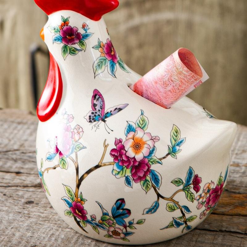 American Style Hand Painted Rooster Figurine Ceramic Piggy Bank for Living Room Home Decor Creative Gift Ornament