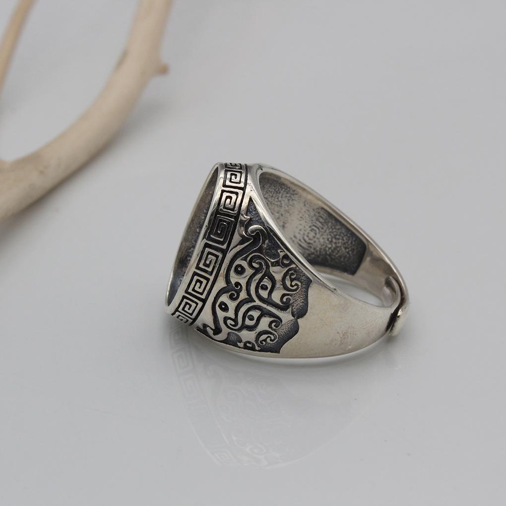 Yin Taifei Thai Silver Beast Face Ring - Taotie Pattern Men's Retro 12x16 Versatile Ring Setting.